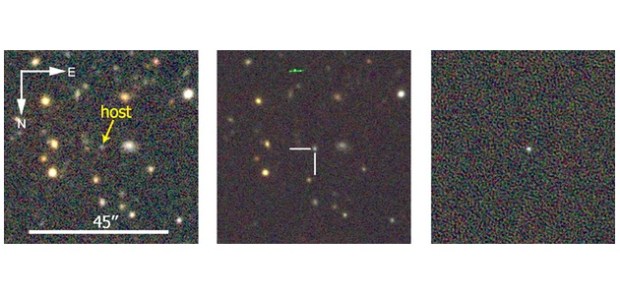 Before (left) and after (center) images of the region where DES13S2cmm was discovered. On the right is the supernova. (Credit: Dark Energy Survey)