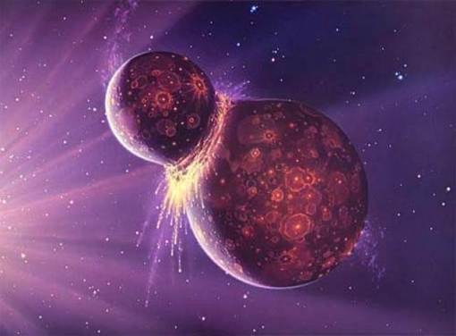 An artist's conception shows the impact of Theia and the young Earth.