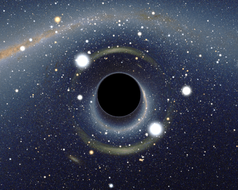 Simulated view of a black hole (center) in front of the Large Magellanic Cloud. Note the gravitational lensing effect, which produces two enlarged but highly distorted views of the Cloud. Across the top, the Milky Way disk appears distorted into an arc.