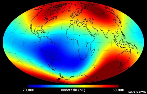 A field snapshot in June. Reds are strong; blues are weak. The view is dominated by the core contribution