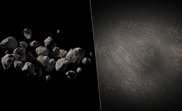An artist's conception of two possible views of asteroid 2011 MD. (Image courtesy NASA Jet Propulsion Laboratory)