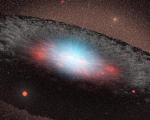 This artist's concept depicts a supermassive black hole at the center of a galaxy. The blue color here represents radiation pouring out from material very close to the black hole. The grayish structure surrounding the black hole, called a torus, is made up of gas and dust. Credit: NASA/JPL-Caltech Read more at: http://phys.org/news/2014-06-gravitational-fields-black-holes-eddy.html#jCp