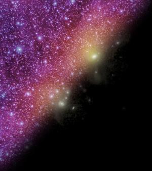 The visible galaxies in the Local Group simulation, shown in the lower right, only trace a tiny fraction of the vast number of dark matter halos, revealed in the upper left. Credit: John Helly, Till Sawala, James Trayford, Durham University