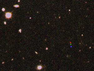 Three images, showing dwarf planet 2012 VP113 in red, then green, then blue, were combined to reveal its path across the night sky (Image: Scott S. Sheppard, Carnegie Institution for Science)