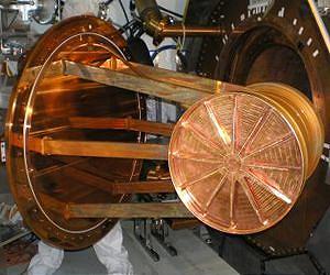 This image shows the insertion of the EXO-200 detector into the cryostat 650 meters below ground at the Waste Isolation Pilot Plant (WIPP) near Carlsbad (New Mexico). Image courtesy SLAC.