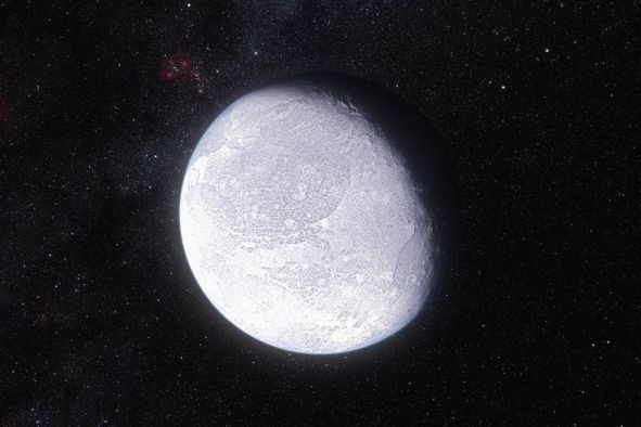 An artist’s impression of Eris, the most massive dwarf planet known to date, with an aphelion of 97 AU from the Sun. Could bigger Super-Earth-type planets be orbiting even farther out? Image Credit: ESO/L. Calçada and Nick Risinger