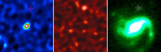 Observations of galaxy GRB 020819B of molecular gas (left) and dust (middle) done by the Atacama Large Millimeter/submillimeter Array (ALMA). At right is a visible-light image from the Frederick C. Gillett Gemini North Telescope. The cross indicates the site of a gamma-ray burst in the region. Credit: Bunyo Hatsukade(NAOJ), ALMA (ESO/NAOJ/NRAO)