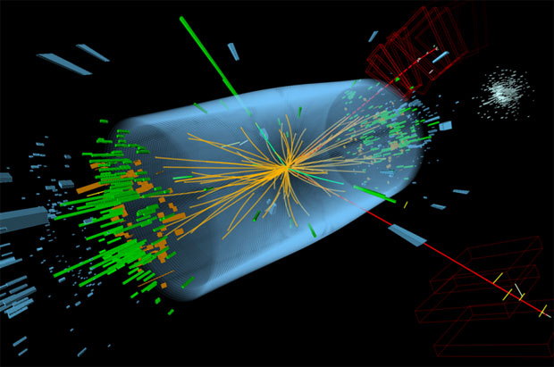 Candidate Higgs boson events from collisions between protons in the LHC. The top event in the CMS experiment shows a decay into two photons (dashed yellow lines and green towers). The lower event in the ATLAS experiment shows a decay into 4 muons (red tracks).[