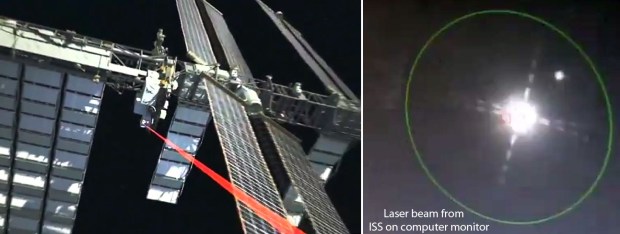 At left: Illustration showing the 2.5 watt OPALS laser beaming video to Earth. At right, the laser beam arrives from the ISS as seen on the computer monitor at Table Mountain Observatory. (Credit: NASA)