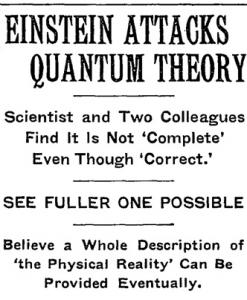 May 4, 1935 New York Times article headline regarding the imminent EPR paper.