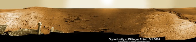 Opportunity Mars rover peers into vast Endeavour Crater from Pillinger Point mountain ridge named in honor of Colin Pillinger, the Principal Investigator for the British Beagle 2 lander built to search for life on Mars. Pillinger passed away from a brain hemorrhage on May 7, 2014. This navcam camera photo mosaic was assembled from images taken on June 5, 2014 (Sol 3684) and colorized. Credit: NASA/JPL/Cornell/Marco Di Lorenzo/Ken Kremer-kenkremer.com Read more: http://www.universetoday.com/112606/opportunity-peers-out-from-pillinger-point-honoring-british-beagle-2-mars-scientist-where-ancient-water-flowed/#ixzz34sFwIO7M 