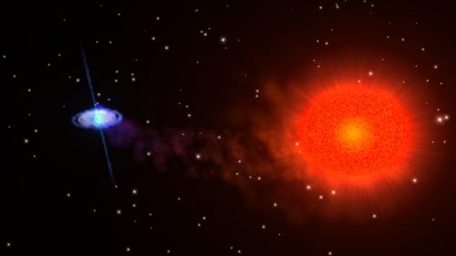 An artist’s impression of an x-ray binary system. The matter that a neutron star (blue) sucks from a regular star (red) leads to the emission of intense x-ray beams. (Credit: NASA)