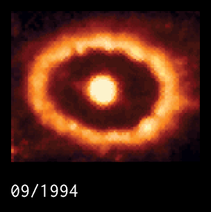 A time sequence of Hubble Space Telescope images, taken in the 15 years from 1994 to 2009, showing the collision of the expanding supernova remnant with a ring of dense material ejected by the progenitor star 20,000 years before the supernova