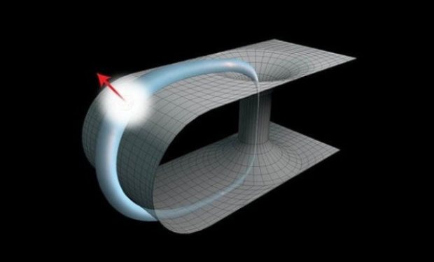 Space-time structure exhibiting closed paths in space (horizontal) and time (vertical). A quantum particle travels through a wormhole back in time and returns to the same location in space and time. Credit: Martin Ringbauer