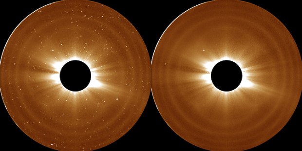 Scientists used these observations of the sun's atmosphere (the bright light of the sun itself is blocked by the black circle at the middle) from NASA's Solar Terrestrial Relations Observatory on Aug. 5, 2007, to define the outer limits of the solar atmosphere, the corona. (Credit: NASA/STEREO)