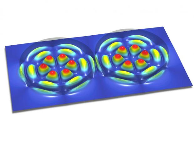Manipulating minute areas of gain and loss within individual lasers (shown as peaks and valleys in the image), researchers were able to create paradoxical interactions between two nearby lasers. Credit: Vienna University of Technology