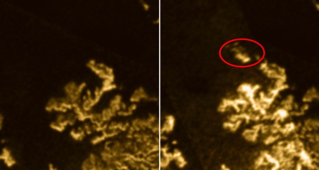 A bright patch (right, circled) on one of Titan’s northern methane seas, shown as dark areas, appeared in a Cassini spacecraft image taken on July 10, 2013. The patch disappeared by July 16, 2013 and was not visible in earlier images (left).