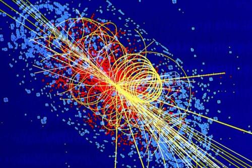 Simulation of a particle collision in which a Higgs boson is produced. (Credit: Lucas Taylor/CMS)
