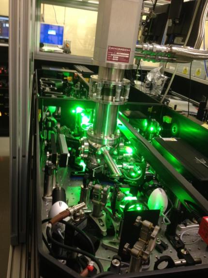 he experiment was undertaken at Rutherford Appleton Laboratories in the Artemis laser facility using an advanced femtosecond laser system to resolve rotations of complexes. The picture shows a section of the laser system used during the experiments. (Credit: Gediminas Galinis, University of Leicester.)