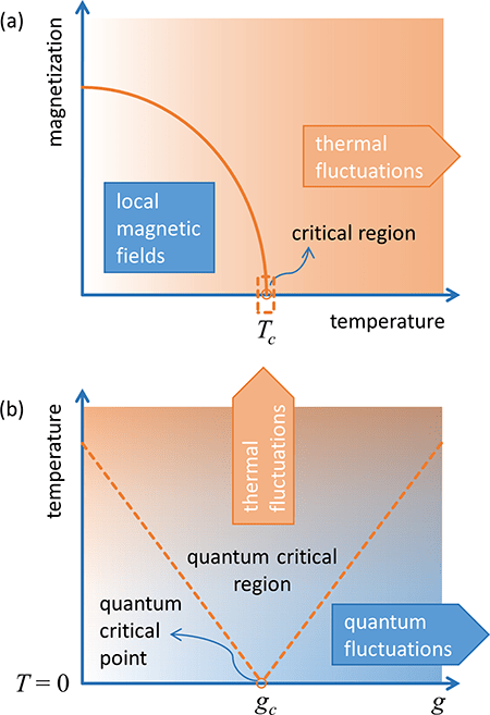 a) An example of the classical phase transition in a ferromagnet. Thermal fluctuations causing the random reorientation of the constituent spins grow with temperature. They compete with the tendency of the local magnetic fields to align the spins. As a result, the net magnetization in the ordered state continuously decreases with temperature (orange line) and drops to zero at a critical temperature Tc, surrounded by a narrow critical region (dashed rectangle). (b) A generic example of the quantum phase transition. Quantum fluctuations controlled by the nonthermal parameter g lead to a similar phase transition at a critical value gc, the so called quantum critical point, already at zero temperature, T=0. Their interplay with thermal fluctuations opens up a progressively broader, V-shaped quantum critical region extending much above the zero temperature (dashed lines). 