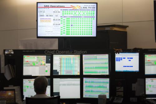 The accelerator-based pulse neutron source at ORNL’s Spallation Neutron Source operated steadily for users at the maximum design power of 1.4 megawatts June 26. (Credit: Genevieve Martin/ORNL)