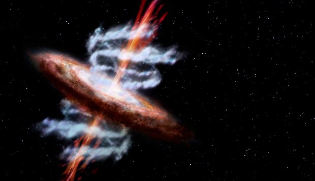 This artist’s impression shows a galaxy releasing material via two strong jets (shown here in red/orange), as well as through wide-angle outflows (shown in gray/blue). The black hole at the galaxy’s center drives both jets and outflows. (Credit: ESA/AOES Medialab)