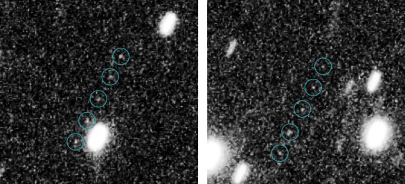 Two multiple-exposure images from NASA's Hubble Space Telescope showing Kuiper Belt objects, or KBOs, against a background of stars in the constellation Sagittarius. The two KBOs are roughly 4 billion miles from Earth. (Credit: NASA, ESA, SwRI, JHU/APL, New Horizons KBO Search Team)