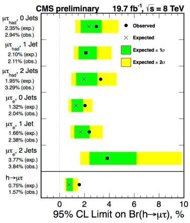 The results obtained by the CMS Collaboration showing that six different channels all give a non-zero value for the decay rate of Higgs boson into pairs of tau and muon. (Credit: Pauline Gagnon)