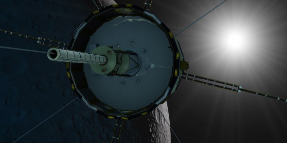 An artist's depiction of NASA's International Sun-Earth Explorer 3 spacecraft as it flies through space. The volunteer ISEE-3 Reboot Project, which hoped to move the probe closer to Earth, now says the spacecraft is out of gas. (Credit: NASA)