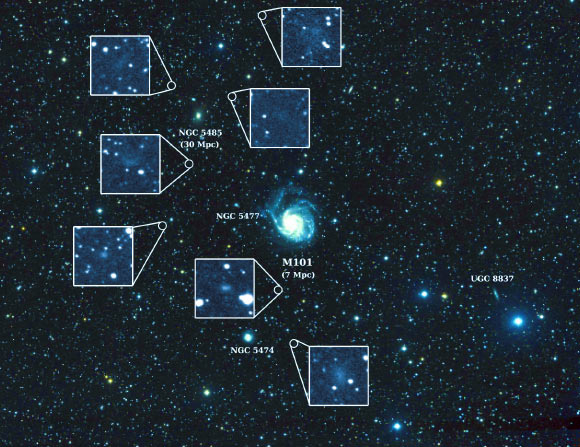This image shows the nearby spiral galaxy Messier 101 and the seven newly discovered dwarf galaxies. (Credit: Allison Merritt et al.)