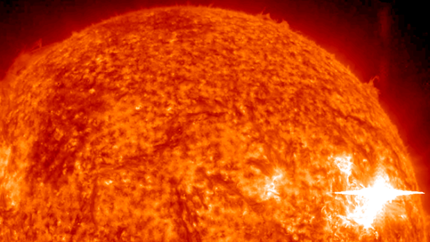 A solar flare erupted on the far side of the sun on June 4, 2011, and sent solar neutrons out into space. Solar neutrons don't make it to all the way to Earth, but NASA's MESSENGER, orbiting Mercury, found strong evidence for the neutrons, offering a new technique to study these giant explosions. (Credit: NASA/STEREO/Helioviewer)