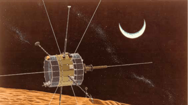 Engineers failed to resolve fuel system problems on NASA's retired ISEE-3 satellite Wednesday. An artist's rendition shows the spacecraft during a close lunar pass. (Credit: NASA)