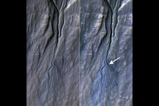 This pair of before (left) and after (right) images captured by the HiRise camera on NASA’s MRO documents the formation of a new channel on a Martian slope between 2010 and 2013. (Credit: NASA/JPL-Caltech/University of Arizona)