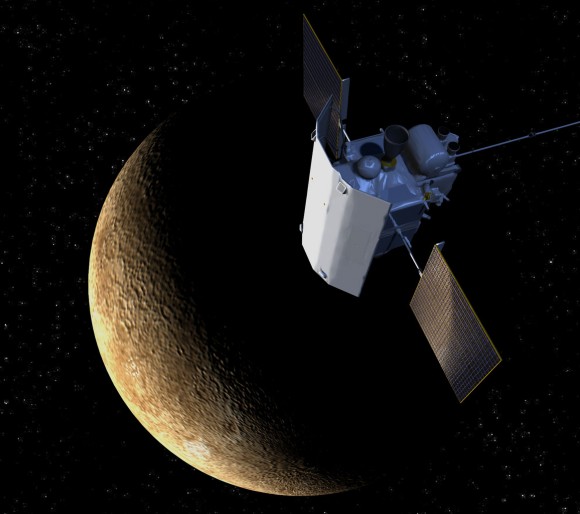 Artist’s conception of NASA’s MESSENGER spacecraft above Mercury. (Credit: JHUAPL)