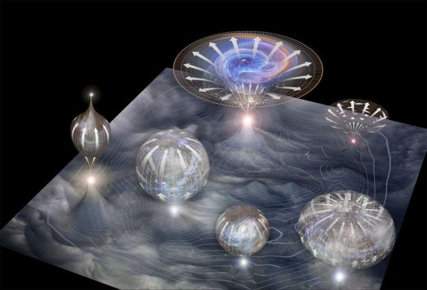 This illustration depicts a main membrane out of which individual universes arise; they then expand in size through time. (Credit: Moonrunner Design)