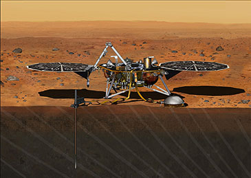 Artist’s impression of the InSight Mars lander. The SEIS will be deployed onto the surface using a robot arm, where it will then record signals from marsquakes and meteorite impacts in order to probe the planet’s interior. (Credit: NASA/JPL-Caltech) 