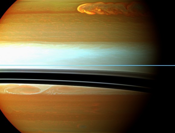 Saturn’s northern storm marches through the planet’s atmosphere in the top right of this false-color mosaic from NASA’s Cassini spacecraft. (Credit: NASA/JPL-Caltech/Space Science Institute) 