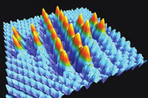 20 bromine atoms positioned on a sodium chloride surface using the tip of an atomic force microscope at room temperature, creating a Swiss cross with the size of 5.6nm. The structure is stable at room temperature and was achieved by exchanging chlorine with bromine atoms. (Credit: Department of Physics, University of Basel)