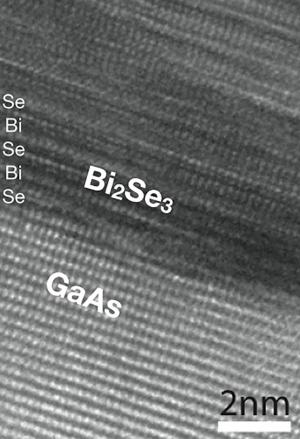 The atomic layers of the topological insulator bismuth selenide are visible in this high-resolution electron microscope image. (Credit: Samarth lab, Penn State University)