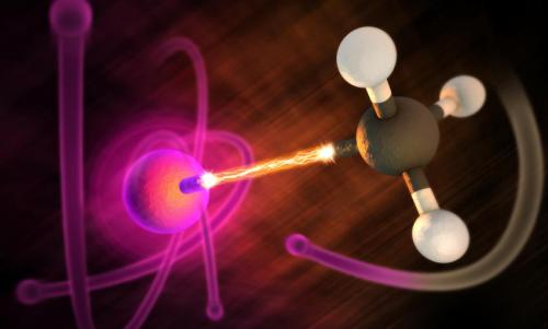An artistic view of the electron transfer inside an iodomethane molecule. After the interaction with an ultrafast X-ray laser, the electrons from the methyl group, on the right, jump to the iodine atom, on the left. (Credit: SLAC National Accelerator Laboratory)