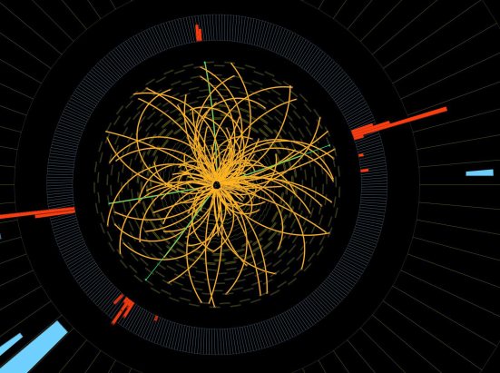 his 2011 image provide by CERN, shows a real CMS proton-proton collision in which 4 high energy electrons (green lines and red towers) are observed in a 2011 event. The event shows characteristics expected from the decay of a Higgs boson but is also consistent with background Standard Model physics processes.  To cheers and standing ovations, scientists at the world's biggest atom smasher claimed the discovery of a new subatomic particle Wednesday July 4, 2012, calling it "consistent" with the long-sought Higgs boson  popularly known as the "God particle"  that helps explain what gives all matter in the universe size and shape.  (Credit: AP Photo/CERN)