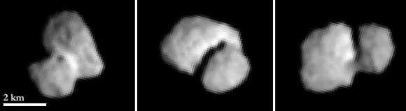 Rosetta imaged its target comet, Comet 67P/Churyumov-Gerasimenko, from about 3,417 miles (5,500 kilometers) away. The “neck” of the comet appears to be brighter than the rest of the nucleus. (Credit: ESA/Rosetta/MPS for OSIRIS Team MPS/UPD/LAM/IAA/SSO/INTA/UPM/DASP/IDA)