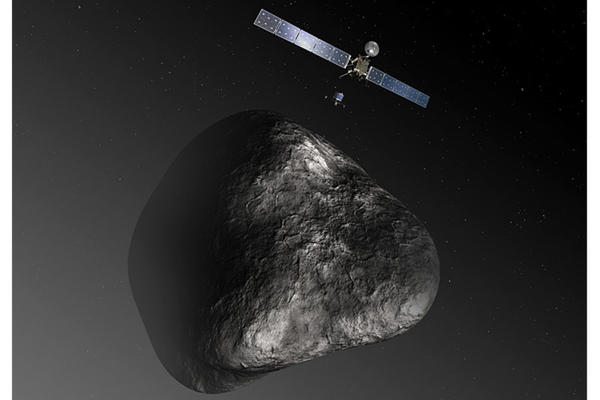 An artist's impression shows what the Rosetta orbiter will look like when it deploys the Philae lander to a comet later this year. (Credit: ESA)