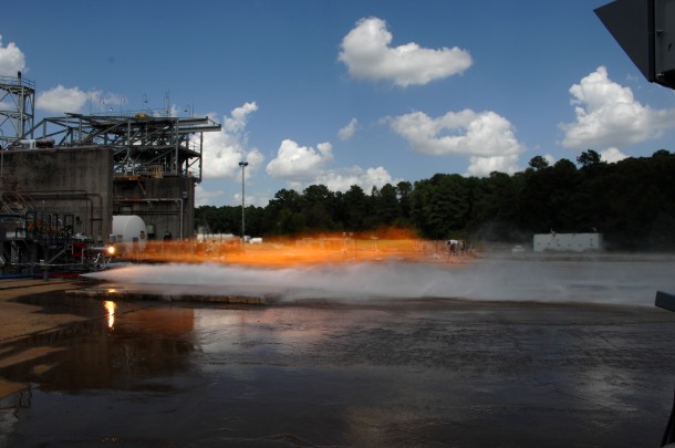 Engineers just completed hot-fire testing with two 3-D printed rocket injectors. Certain features of the rocket components were designed to increase rocket engine performance. The injector mixed liquid oxygen and gaseous hydrogen together, which combusted at temperatures over 6,000 degrees Fahrenheit, producing more than 20,000 pounds of thrust. (Credit: NASA photo/David Olive)