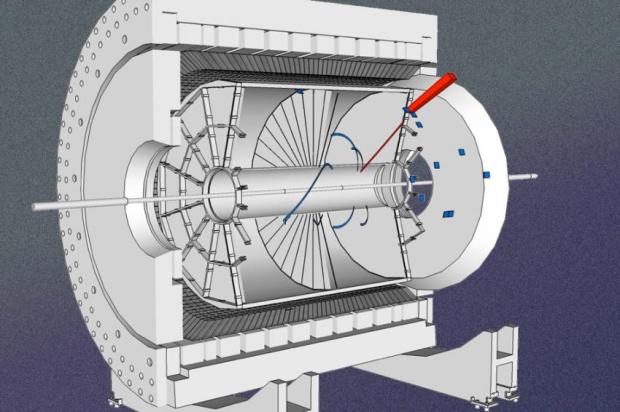  The STAR detector, used in the researchers' experiment, measures the energy and angle of the electron from the W boson decay produced in the proton collision. (Credit: STAR Collaboration)