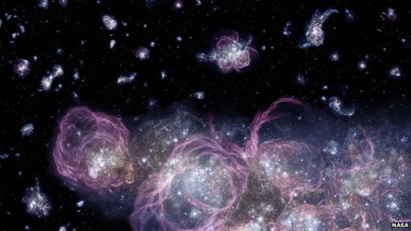 The first stars were born a few hundred million years after the Big Bang, as this artist impression shows. (Credit: NASA)