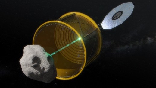 In this concept image, the robotic vehicle deploys an inflatable bag to envelop a free-flying small asteroid before redirecting it to a distant retrograde lunar orbit. (Credit: NASA)