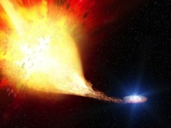 Before the big explosion: The artist’s impression shows a binary star system where mass is transferred from a companion to a white dwarf. As soon as sufficient matter has collected on the surface of the dwarf star, this can trigger a nuclear explosion which in turn ignites the catastrophic nuclear burning and destroys the white dwarf – a type Ia supernova flares up. (Credit: ESA, Justyn R. Maund)
