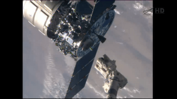 Cygnus Orb-2 spacecraft ‘Janice Voss’ bids farewell to the ISS at 6:40 a.m. EDT, Friday, Aug. 15, 2014. It’s set to reenter the atmosphere on Aug. 17. (Credit: NASA TV)