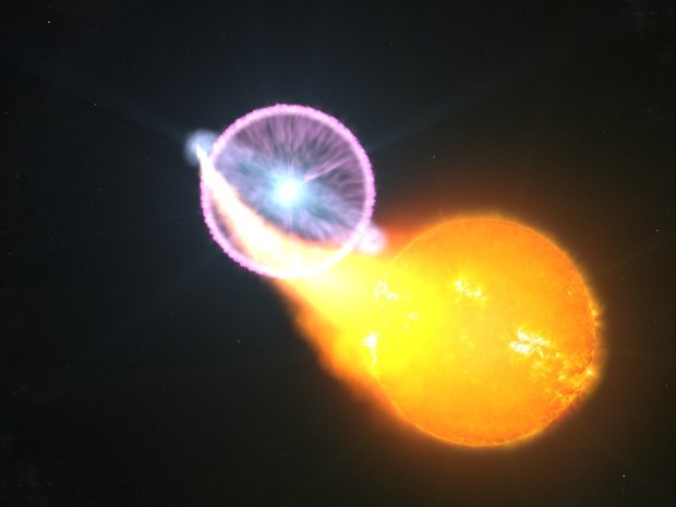 Novae typically originate in binary systems containing Sun-like stars, as shown in this artist’s rendering. NASA’s Fermi Space Telescope discovered that a nova in a system like this likely produces gamma rays (magenta) through collisions among multiple shock waves in the rapidly expanding shell of debris. (Credit: NASA’s Goddard Space Flight Center/S. Wiessinger)